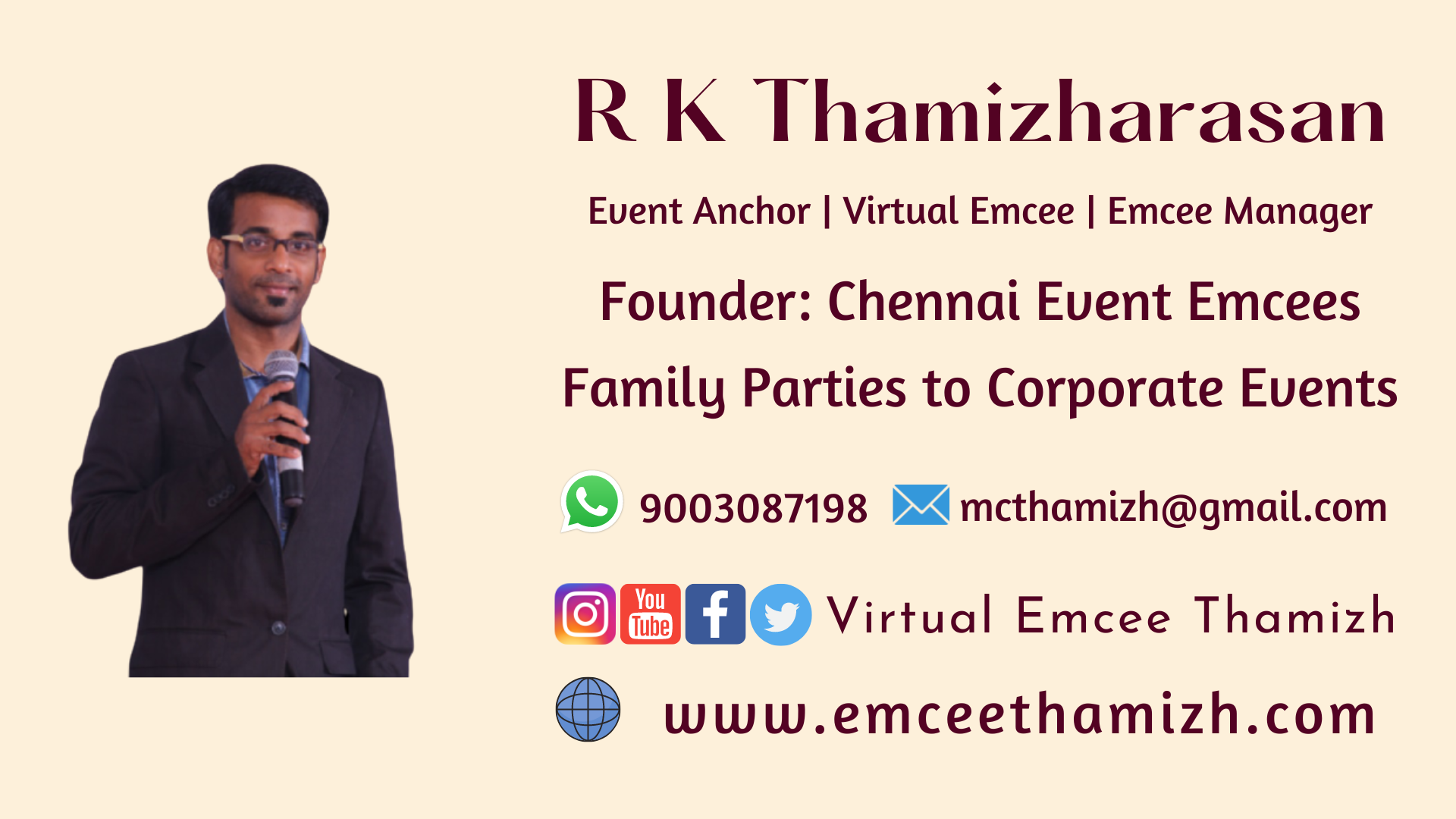 Chennai Male Emcee Thamizharasan Karunakaran Business Card